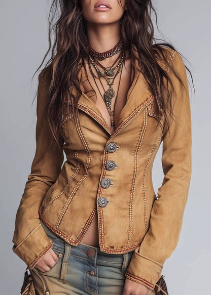 Boutique Brown Peter Pan Collar Patchwork Denim Coat Fall