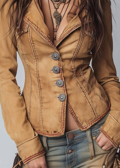 Boutique Brown Peter Pan Collar Patchwork Denim Coat Fall