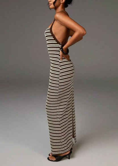 Boutique Brown Striped Backless Cross Strap Knit Long Dress Summer