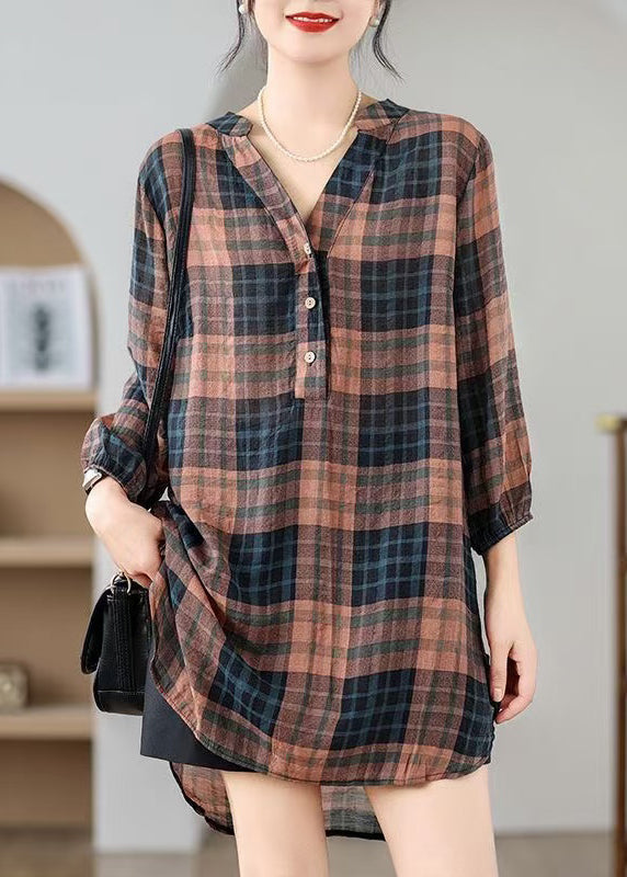 Boutique Brown V Neck Plaid Linen Shirt Dress Summer