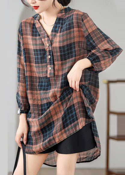 Boutique Brown V Neck Plaid Linen Shirt Dress Summer