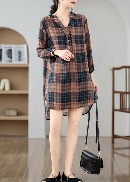 Boutique Brown V Neck Plaid Linen Shirt Dress Summer