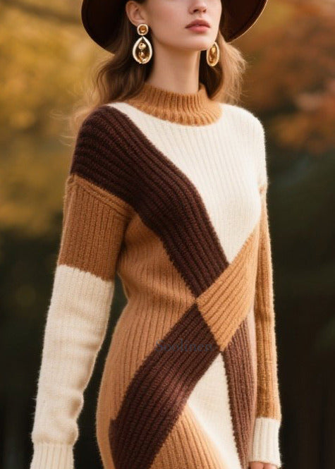 Boutique Brown Wraped Patchwork Knit Dress Winter