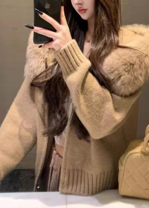 Boutique Camel Hooded Fur Collar Knit Short Coat Spring