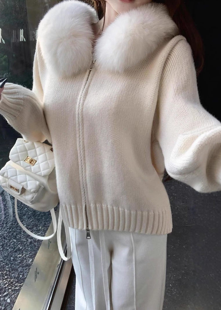 Boutique Camel Hooded Fur Collar Knit Short Coat Spring