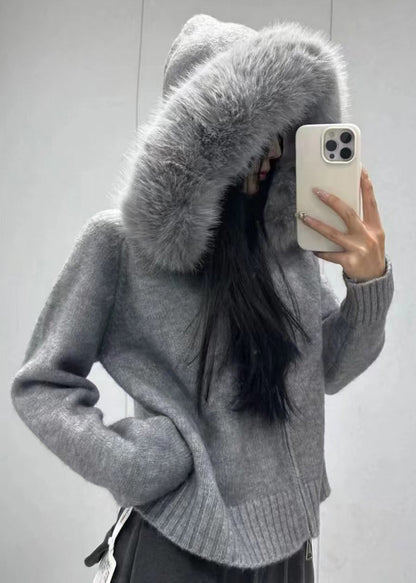 Boutique Camel Hooded Fur Collar Knit Short Coat Spring