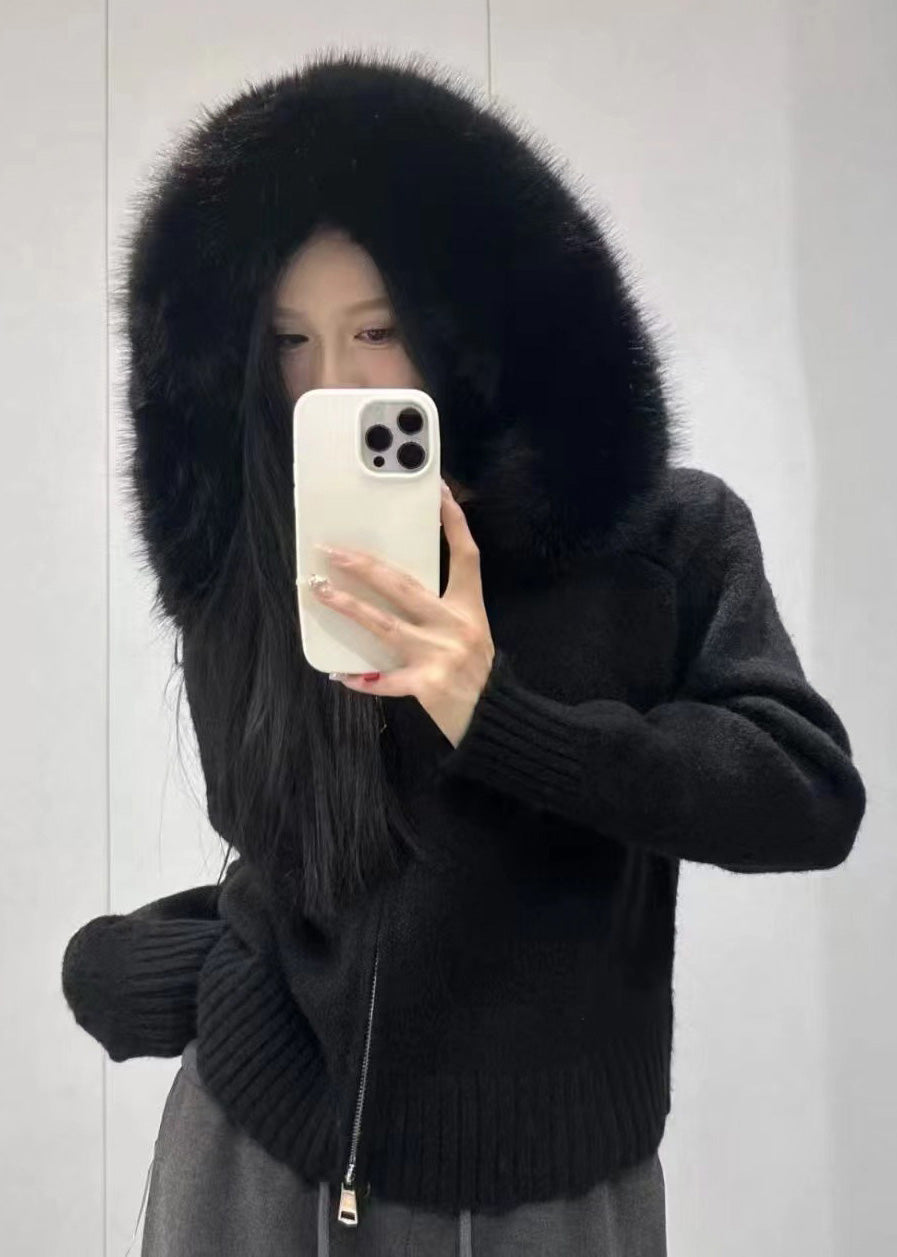 Boutique Camel Hooded Fur Collar Knit Short Coat Spring
