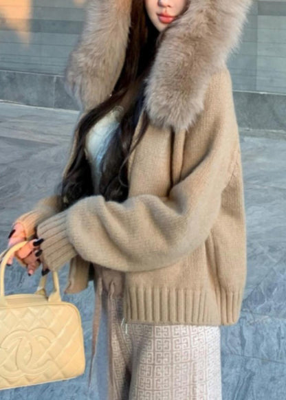 Boutique Camel Hooded Fur Collar Knit Short Coat Spring