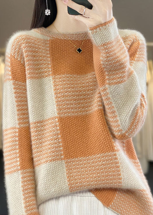 Boutique Camel O-Neck Plaid Patchwork Cashmere Knit Sweater Tops Spring