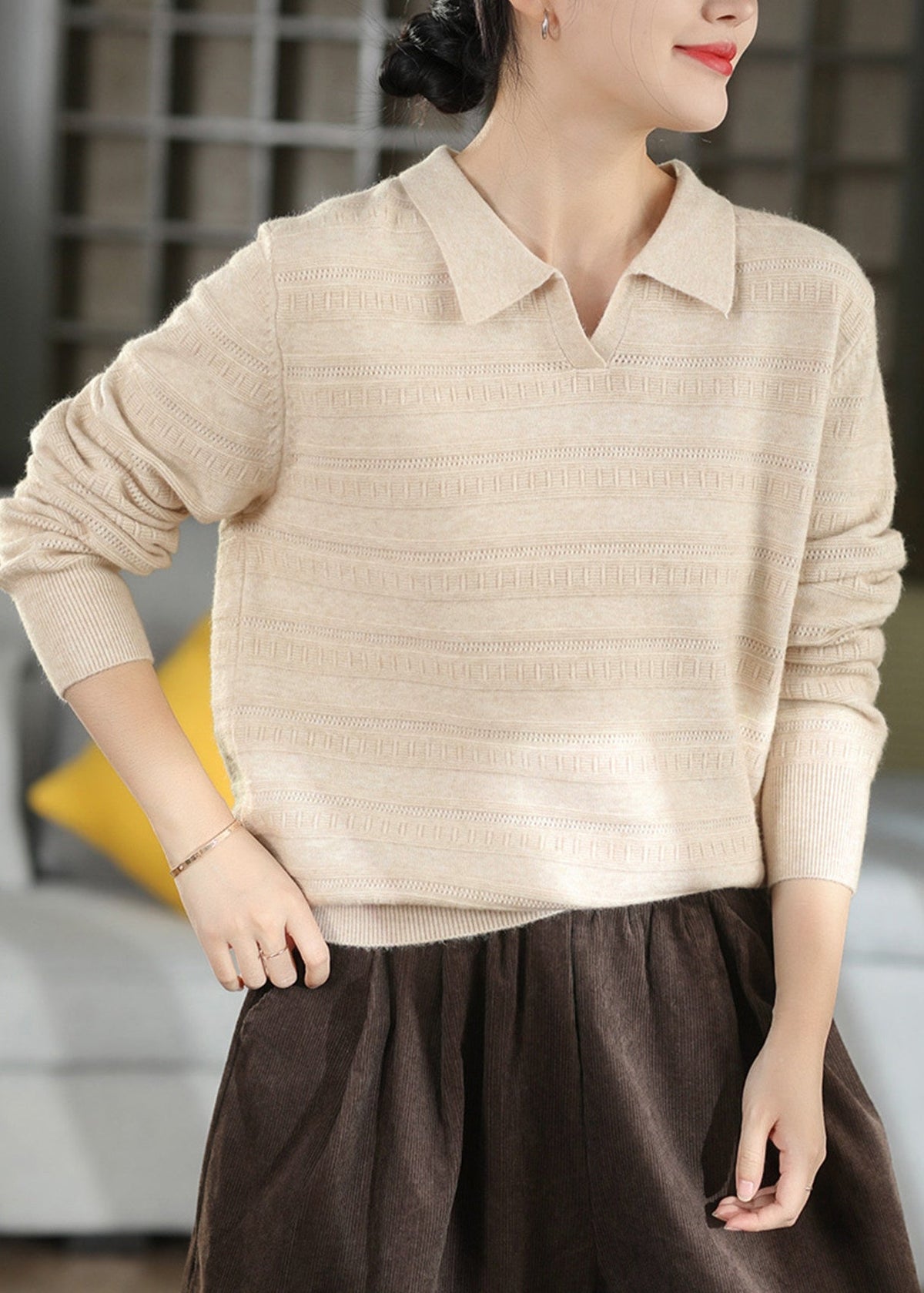 Boutique Caramel Peter Pan Collar Jacquard Knit Sweaters Fall