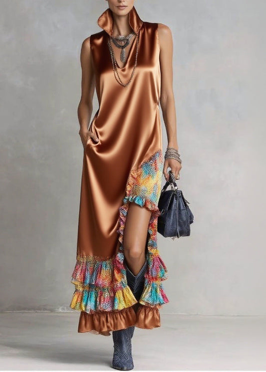 Boutique Caramel Ruffled Asymmetrical Design Silk Dress Sleeveless