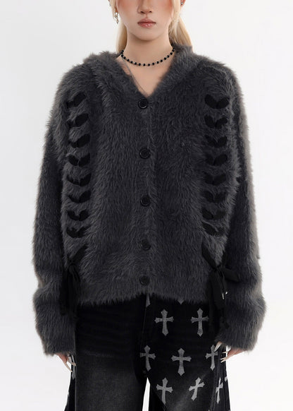 Boutique Charcoal Grey Rabbit Ears Hooded Mink Velvet Knitted Cardigans Winter