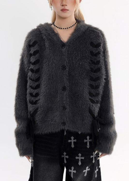 Boutique Charcoal Grey Rabbit Ears Hooded Mink Velvet Knitted Cardigans Winter