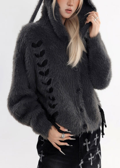 Boutique Charcoal Grey Rabbit Ears Hooded Mink Velvet Knitted Cardigans Winter
