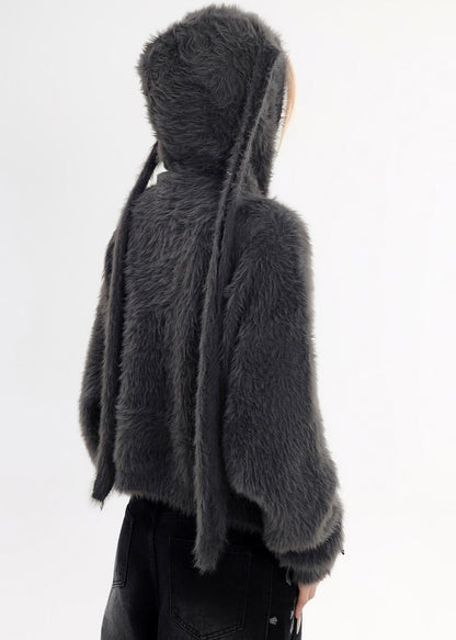 Boutique Charcoal Grey Rabbit Ears Hooded Mink Velvet Knitted Cardigans Winter
