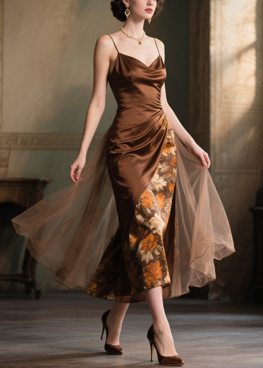 Boutique Chocolate Print Patchwork Tulle Cami Dress Summer