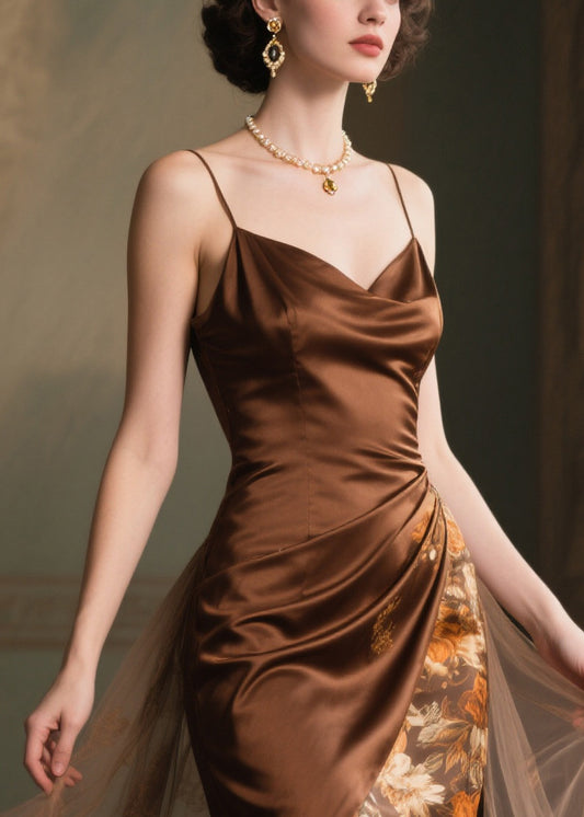 Boutique Chocolate Print Patchwork Tulle Cami Dress Summer