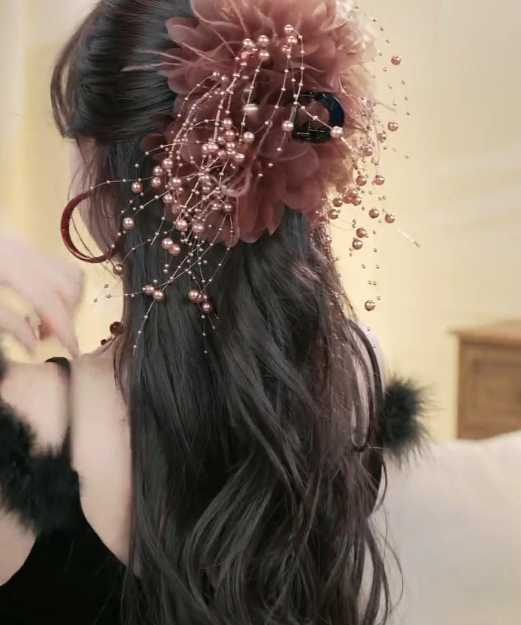 Boutique Coffee Alloy Peony Flower Feathers Tassel Hairpin