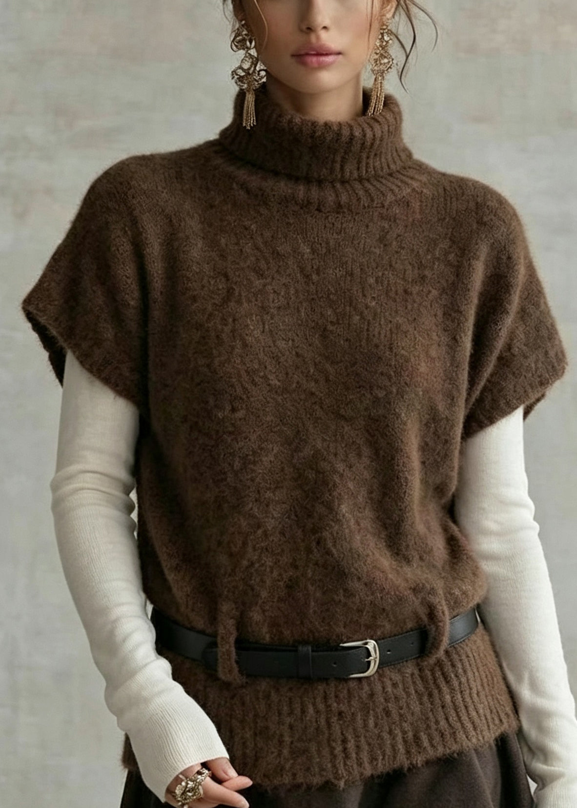 Boutique Coffee Hign Neck Patchwork Knit Vest Top Fall