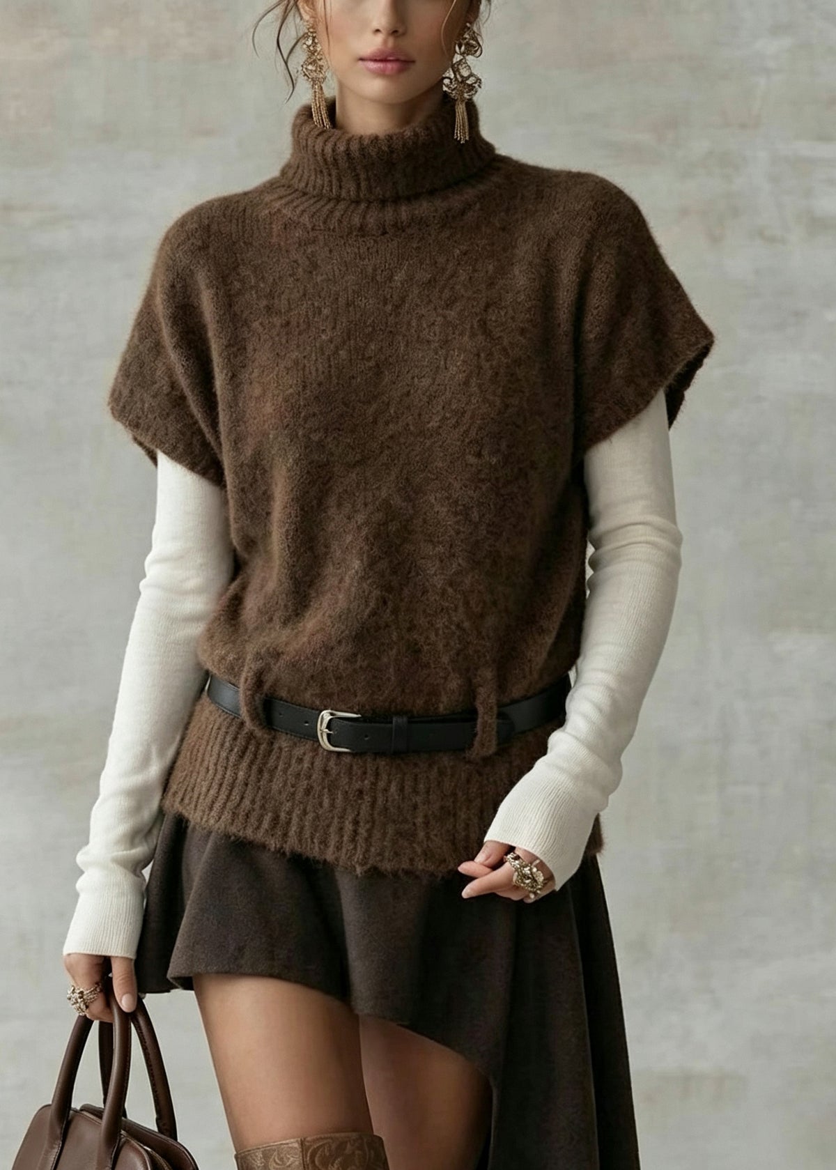 Boutique Coffee Hign Neck Patchwork Knit Vest Top Fall