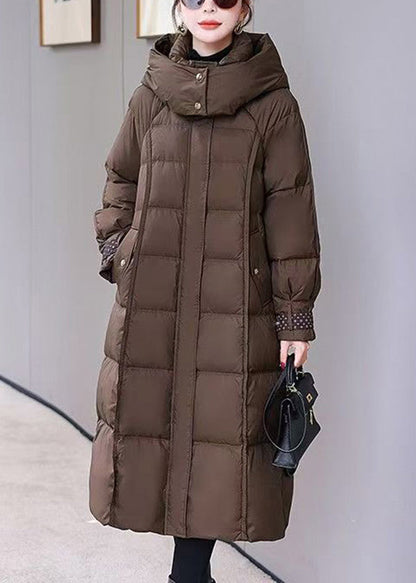 Boutique Coffee Hooded Sashes Duck Down Puffer Coat Winter
