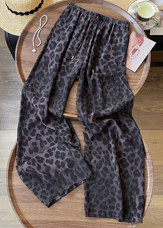 Boutique Coffee Leopard Print Draping Tie Waist Wide Leg Pants