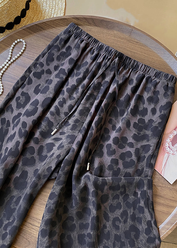 Boutique Coffee Leopard Print Draping Tie Waist Wide Leg Pants