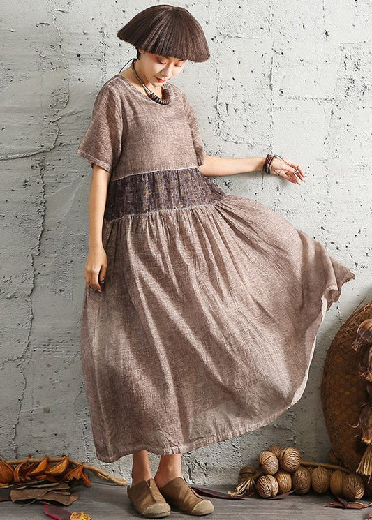 Boutique Chocolate O-Neck Patchwork Cotton Long Dress Short Sleeve
