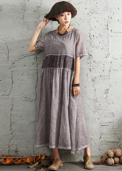 Boutique Chocolate O-Neck Patchwork Cotton Long Dress Short Sleeve