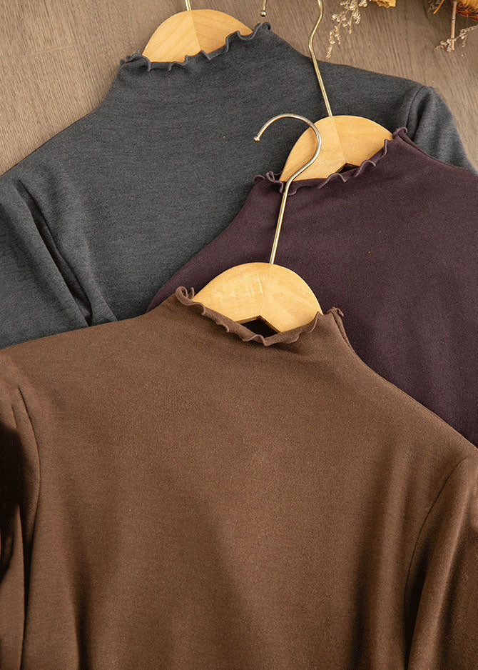 Boutique Coffee Ruffled Cotton Blouse Tops Fall