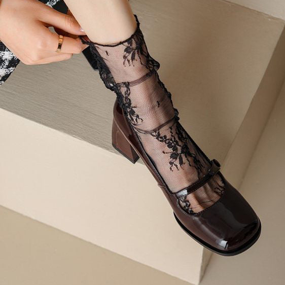 Boutique Coffee Splicing Chunky Heel Faux Leather