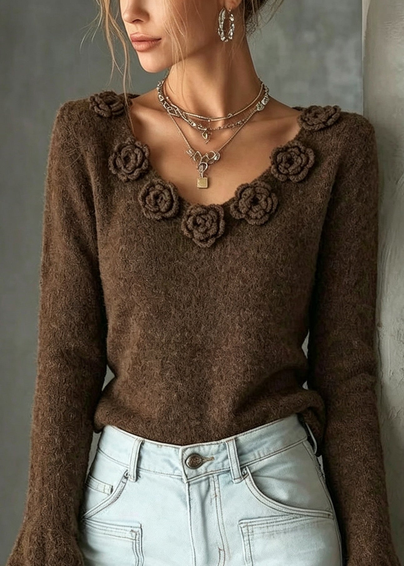 Boutique Coffee V Neck Floral Knit Sweaters Flare Sleeve