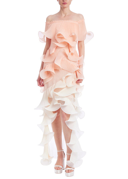 Boutique Colorblock Cold Shoulder Ruffled Patchwork Silk Dresses Summer