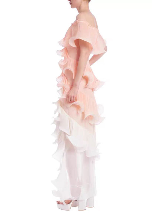 Boutique Colorblock Cold Shoulder Ruffled Patchwork Silk Dresses Summer