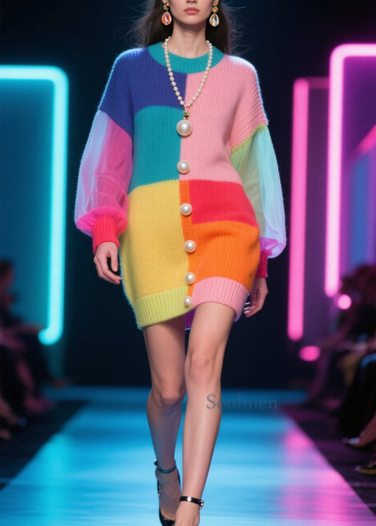 Boutique Colorblock O Neck Tulle Patchwork Knit Dress Fall