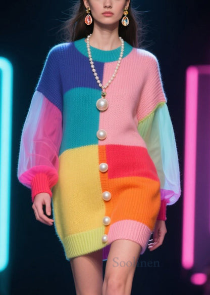 Boutique Colorblock O Neck Tulle Patchwork Knit Dress Fall