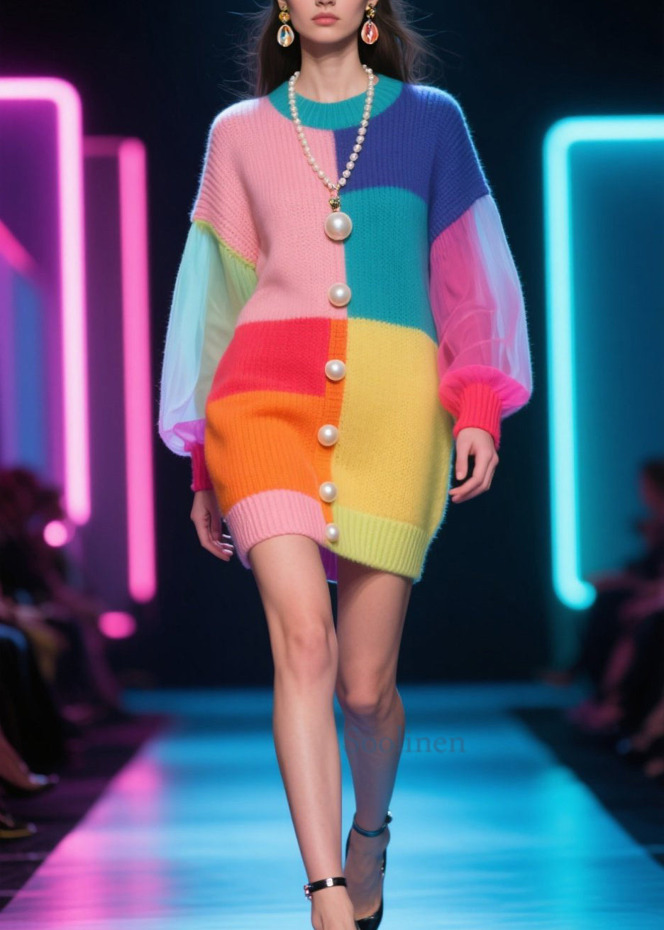 Boutique Colorblock O Neck Tulle Patchwork Knit Dress Fall