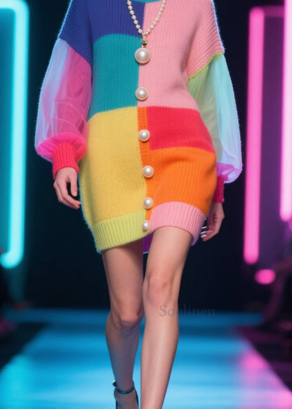 Boutique Colorblock O Neck Tulle Patchwork Knit Dress Fall