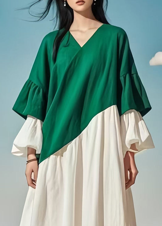 Boutique Colorblock Oversized Patchwork Cotton Dress Flare Sleeve