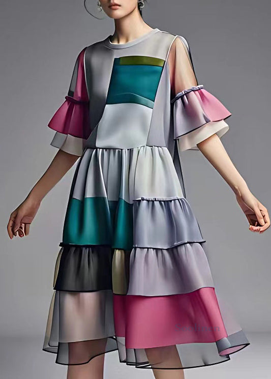 Boutique Colorblock Plaid Patchwork Wrinkled Chiffon Long Dress Half Sleeve