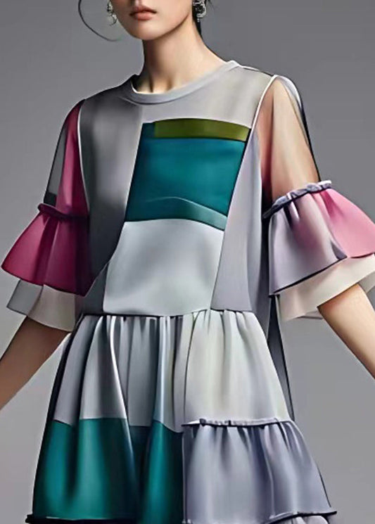 Boutique Colorblock Plaid Patchwork Wrinkled Chiffon Long Dress Half Sleeve