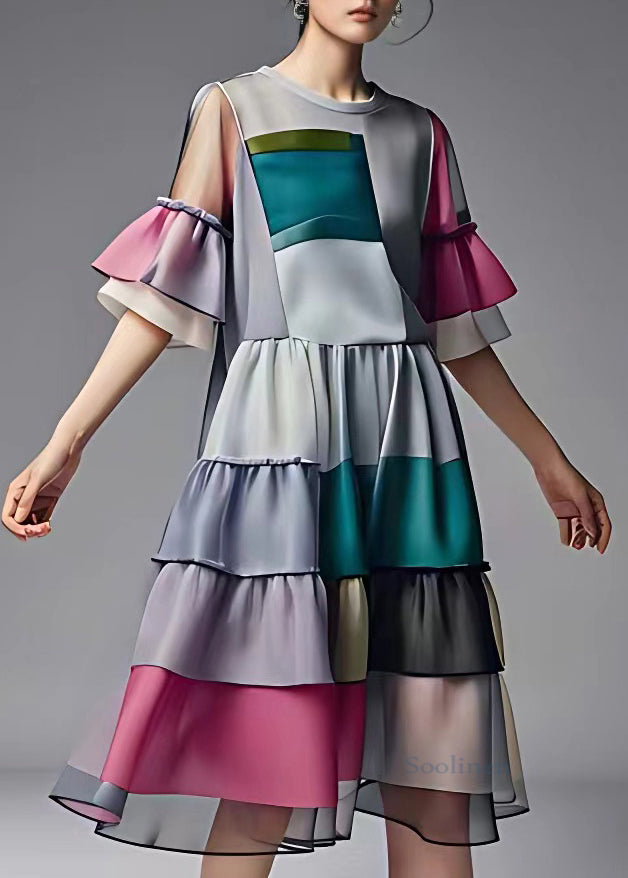 Boutique Colorblock Plaid Patchwork Wrinkled Chiffon Long Dress Half Sleeve