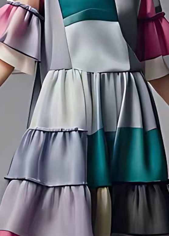 Boutique Colorblock Plaid Patchwork Wrinkled Chiffon Long Dress Half Sleeve