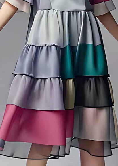 Boutique Colorblock Plaid Patchwork Wrinkled Chiffon Long Dress Half Sleeve