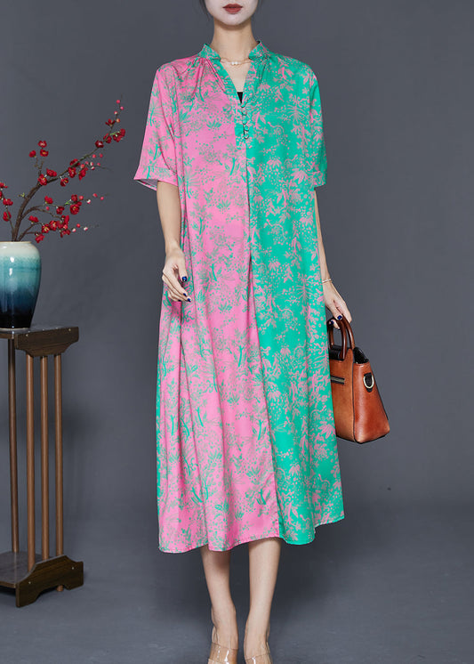 Boutique Colorblock V Neck Patchwork Print Silk Long Dress Fall