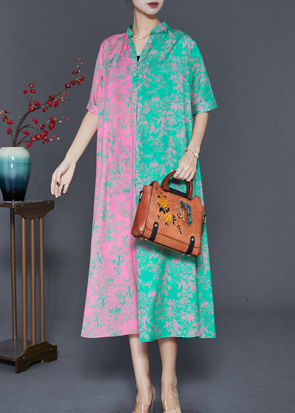 Boutique Colorblock V Neck Patchwork Print Silk Long Dress Fall