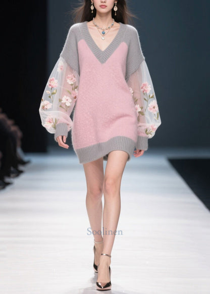 Boutique Colorblock V Neck Patchwork Tulle Knitwear Dress Winter