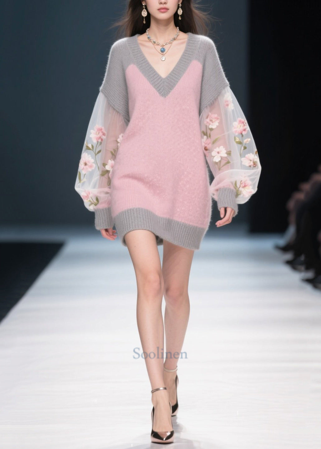 Boutique Colorblock V Neck Patchwork Tulle Knitwear Dress Winter