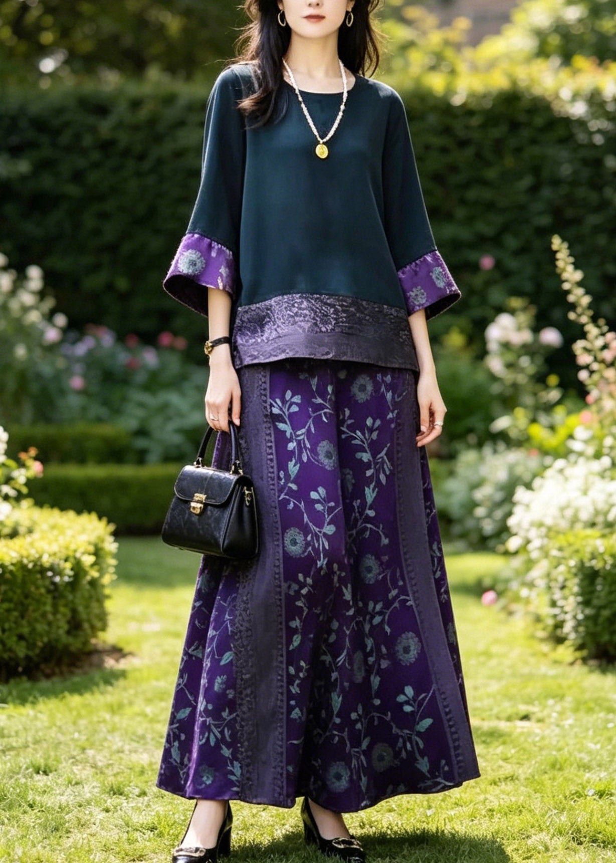 Boutique Dark Blue O-Neck Patchwork Silk T Shirts And Wide Leg Pants Two Piece Set Summer