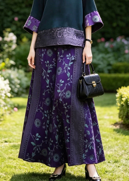 Boutique Dark Blue O-Neck Patchwork Silk T Shirts And Wide Leg Pants Two Piece Set Summer
